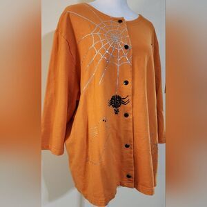 Halloween Snap Button Cardigan with Spider Ghosts and Webs Women's Size 3X